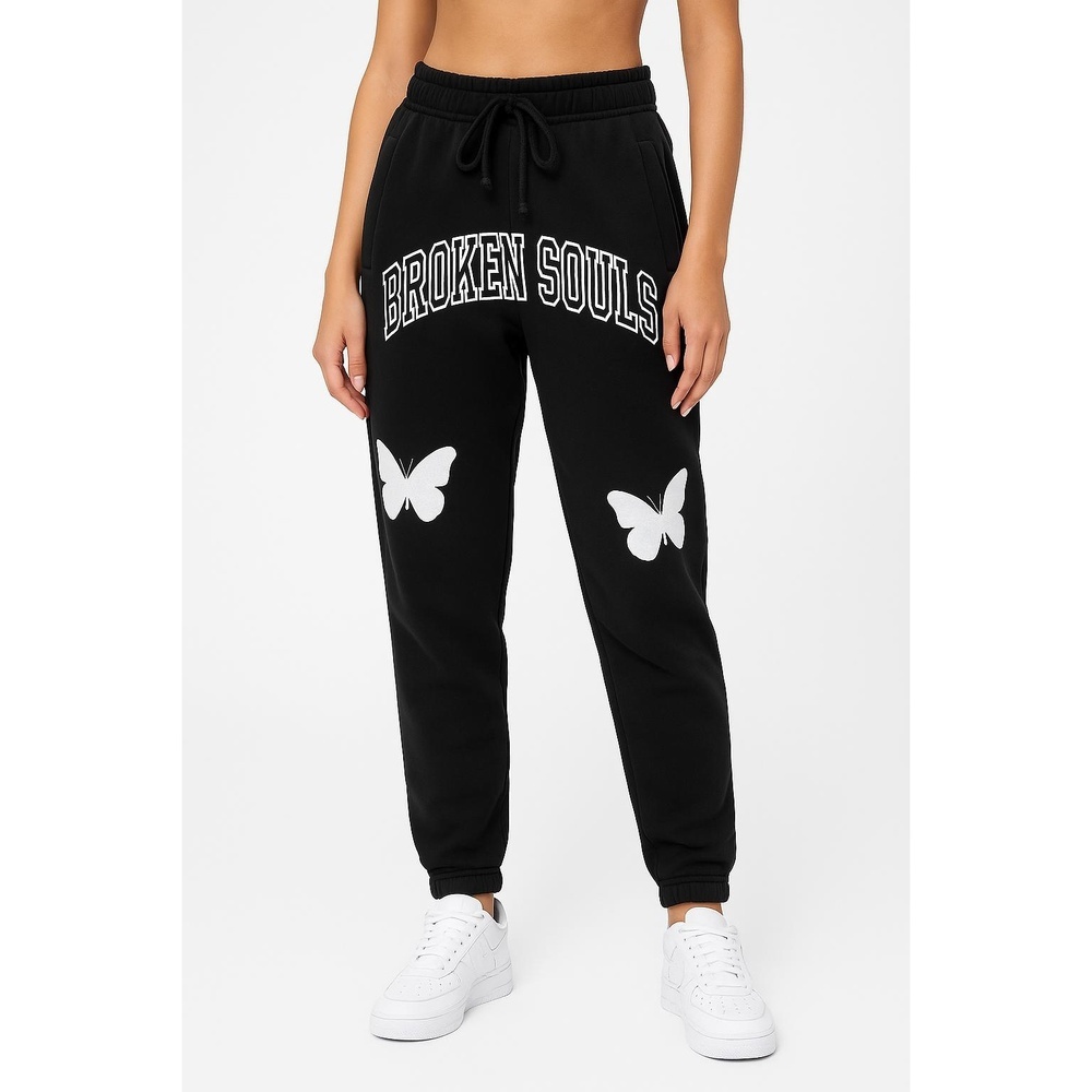 Yours Truly Sweatpants Womens Size M Black‎ Joggers Butterfly Print Drawstring